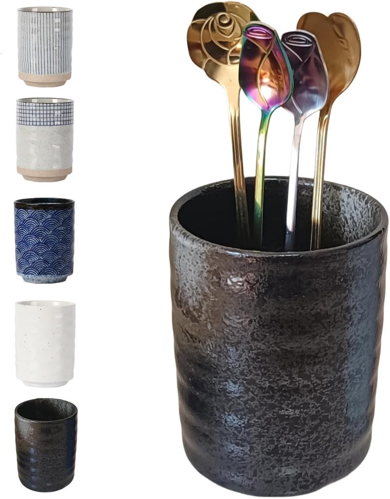 TOPYOKK Stoneware Coffee Bar Utensil Holder Tea & Coffee Spoon & Stirrer Holder for Stir Stick Straw Teaspoon Holder Spoon Cup Small Utensil Jar (Retro Black) - Image 1